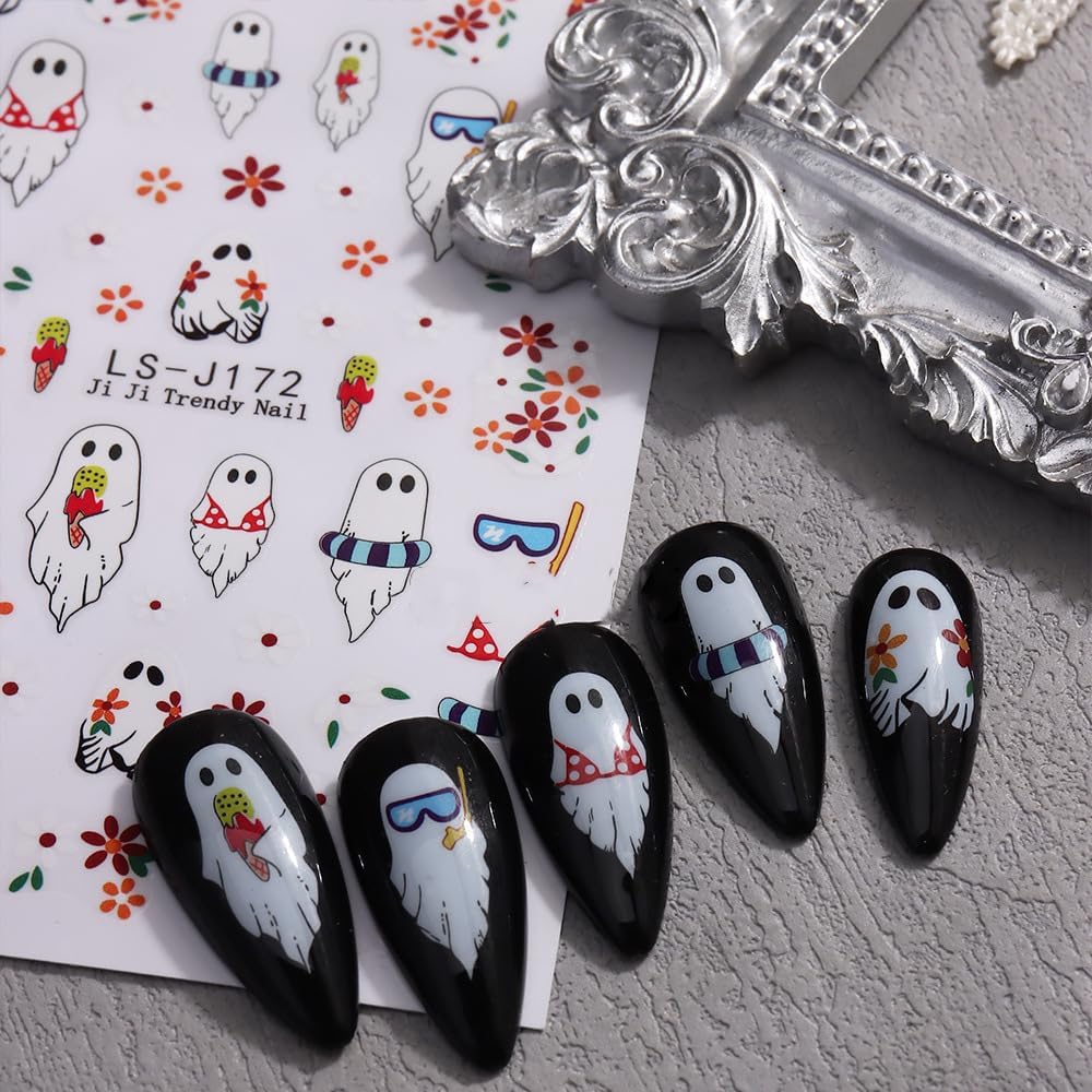 Halloween Nails Stickers Cute Ghost Nails Sticker 3D Embossed Pink Flowers White Ghost Self Adhesive Sticker Nail Decals Black Leaves Nail Art Decal Halloween Decals for Nail DIY Manicure 6Sheet