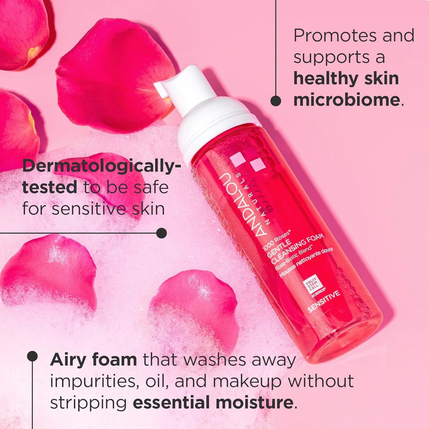 Andalou Naturals 1000 Roses Gentle Cleansing Foam | Foaming Face Wash with Rose Stem Cells & Organic Aloe Leaf Juice | Hydrating Daily Cleanser for Sensitive Skin | 5.5 fl oz