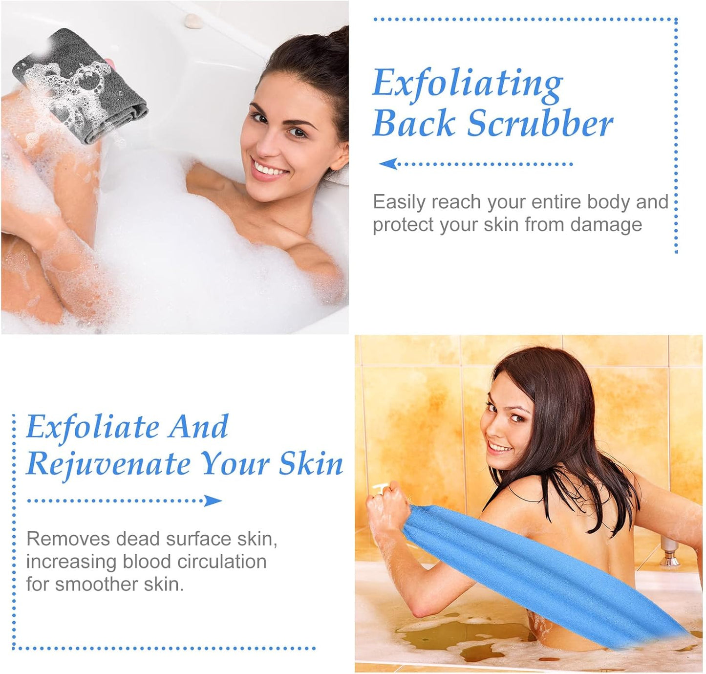 Moukeren Exfoliating Back Scrubber with Handles 4 Pack Nylon Back Exfoliator Extended Length Washers Scrubbers Stretchable Pull Strap Exfoliating Washcloth(Dark Blue, Gray, Beige, Fluorescent Green)