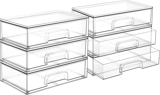 Vtopmart 12.1''W Clear Stackable Storage Drawers,6 Pack Acrylic Plastic Organizers Bins for Makeup Palettes, Cosmetics, and Beauty Supplies,Ideal for Vanity, Bathroom,Cabinet,Desk Organization