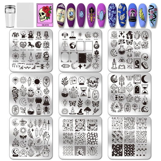 PH PandaHall 9pcs Magic Elements Nail Stamping Plates Tarot Cards Nail Art Designs Moon Star