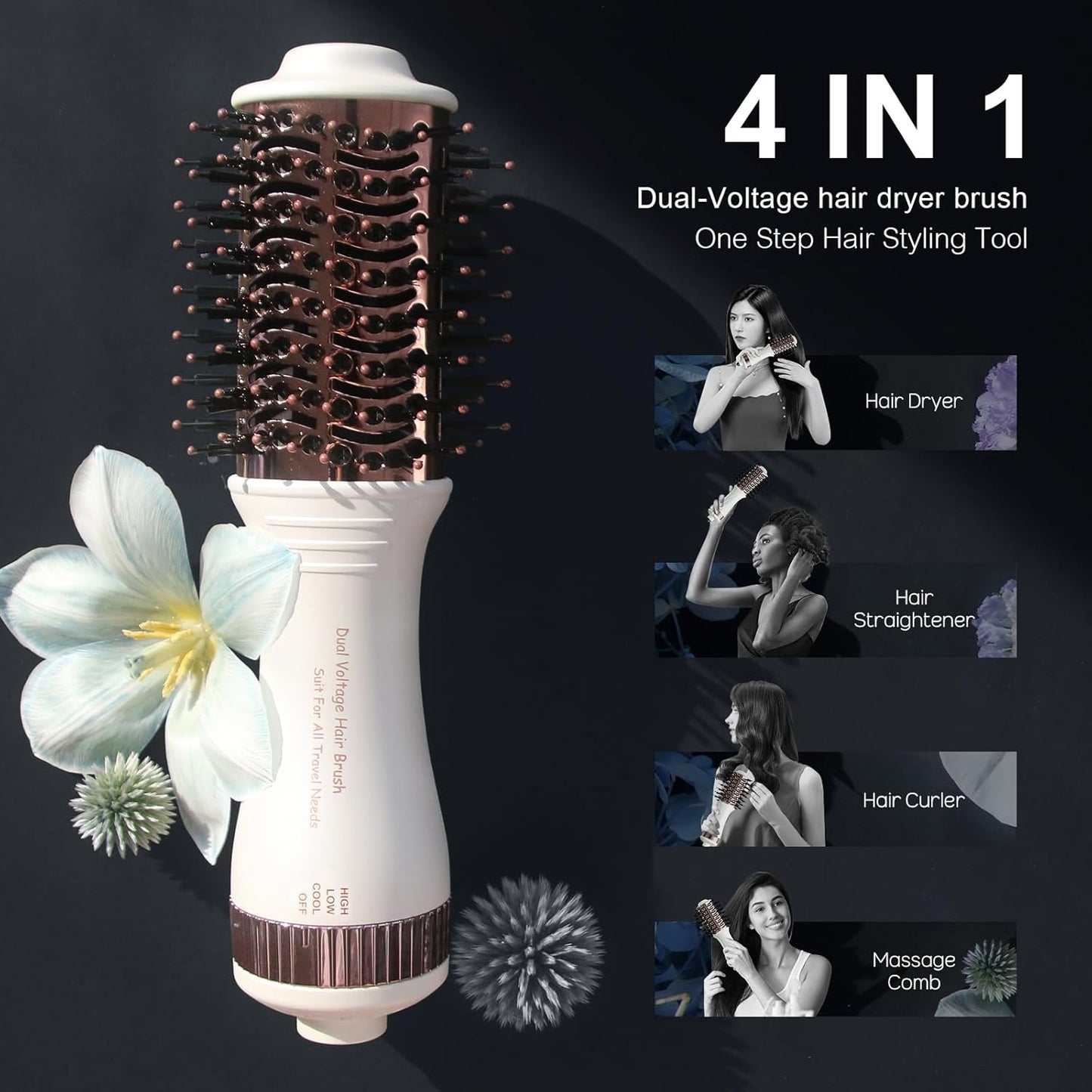 Travel Dual Voltage Hair Dryer Brush 4-IN-1 Portable Mini Hot Air Blow Dryer Straightener & Curler Brush, Titanium Round Blowout Styler Volumizer Tools, 110/240V US/EU/UK Plug for International Travel