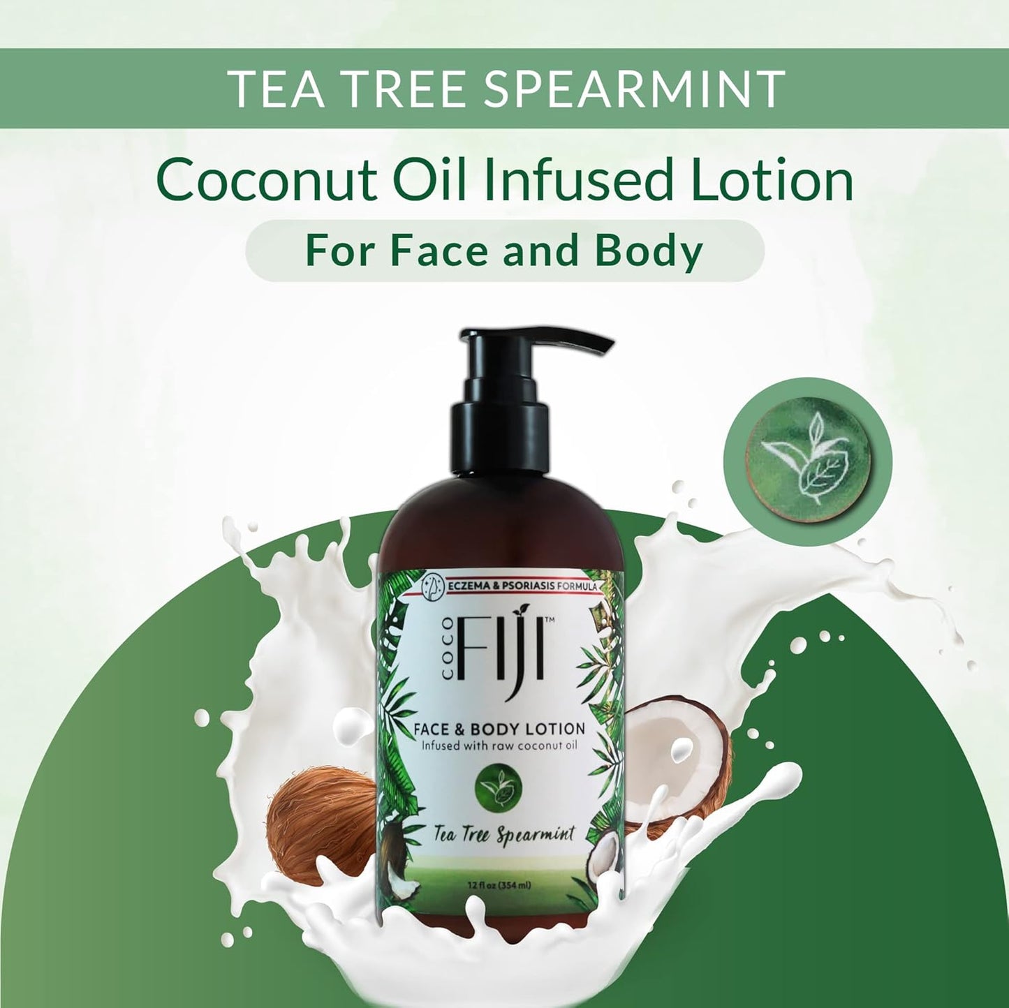 Coco Fiji Face & Body Lotion Infused With Coconut Oil | Lotion for Dry Skin | Moisturizer Face Cream & Massage Lotion for Women & Men | Tea Tree Spearmint 12 oz, Pack of 3