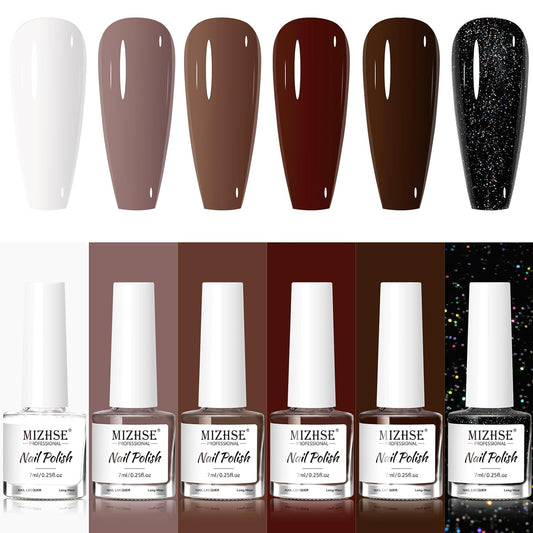 MIZHSE Brown Nail Polish Set - 6 Colors Nude White Glitter Winter Collection Quick Dry DIY Nail Art Salon Gift For Women