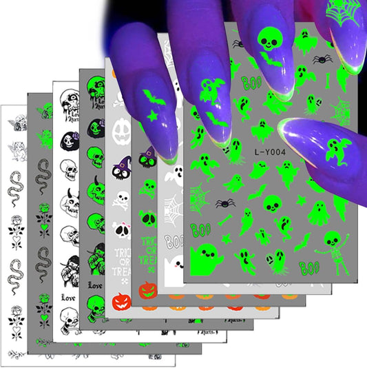 4 Sheets Halloween Nail Art Stickers Luminous Halloween Nail Stickers Glow in Dark Nail Art Design
