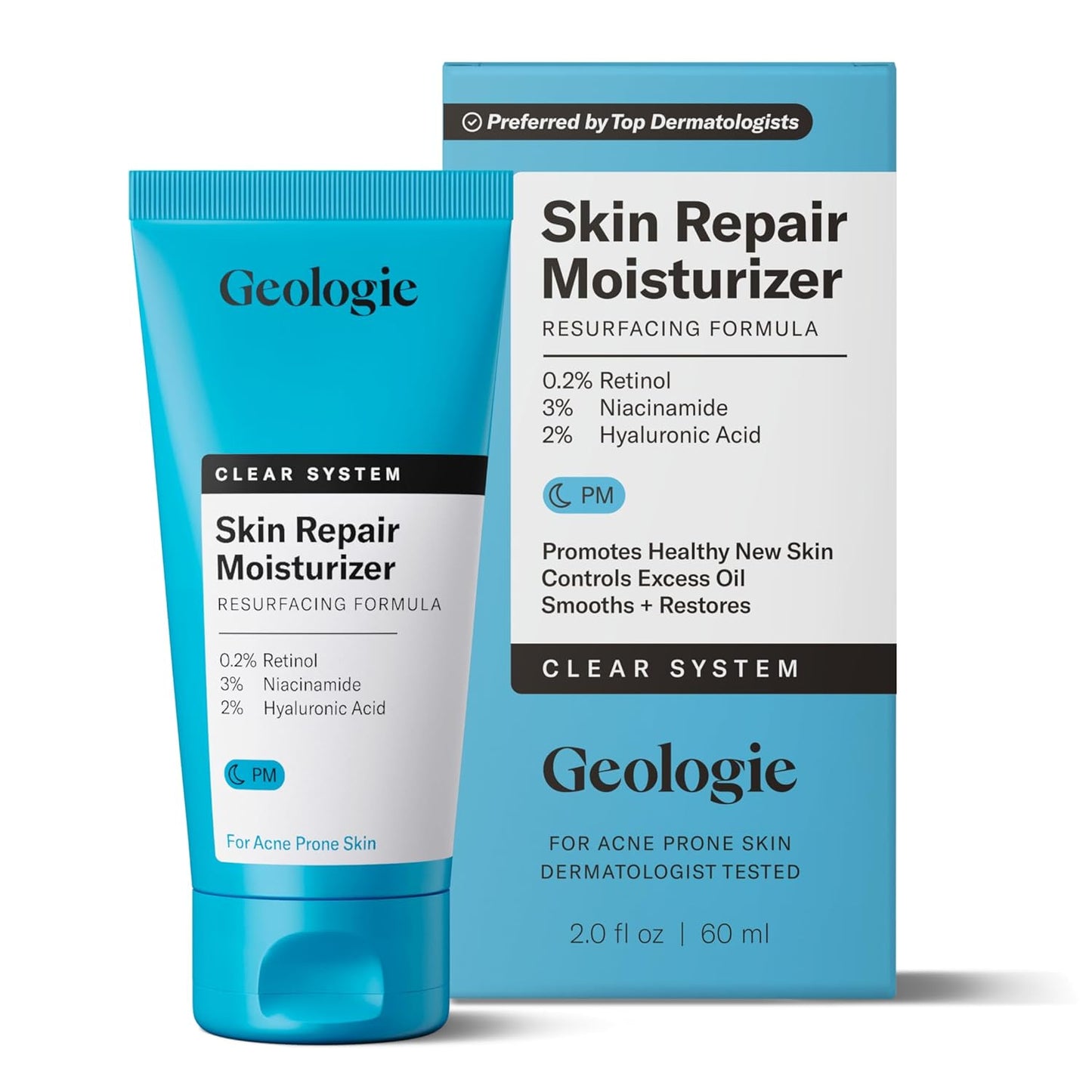 Geologie Skin Repair Moisturizer Face Cream | Clear System Retinol Resurfacing Formula | For Blemish Prone Skin with Niacinamide & Hyaluronic Acid | 60 ML