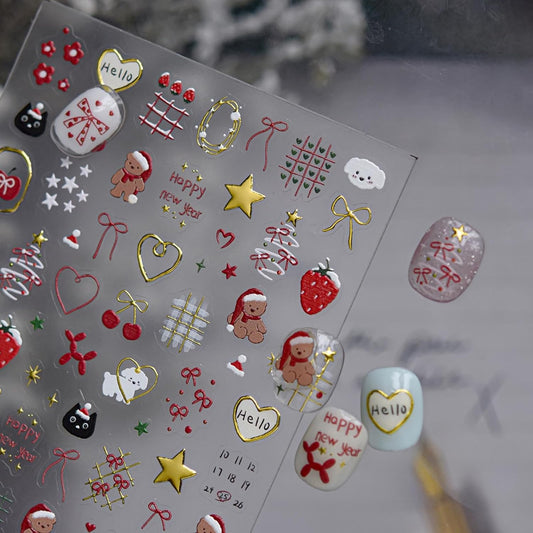 Bear Nail Stickers Christmas Nail Art Stickers Star Nail Decals with Red Gold Design 5d Embossed