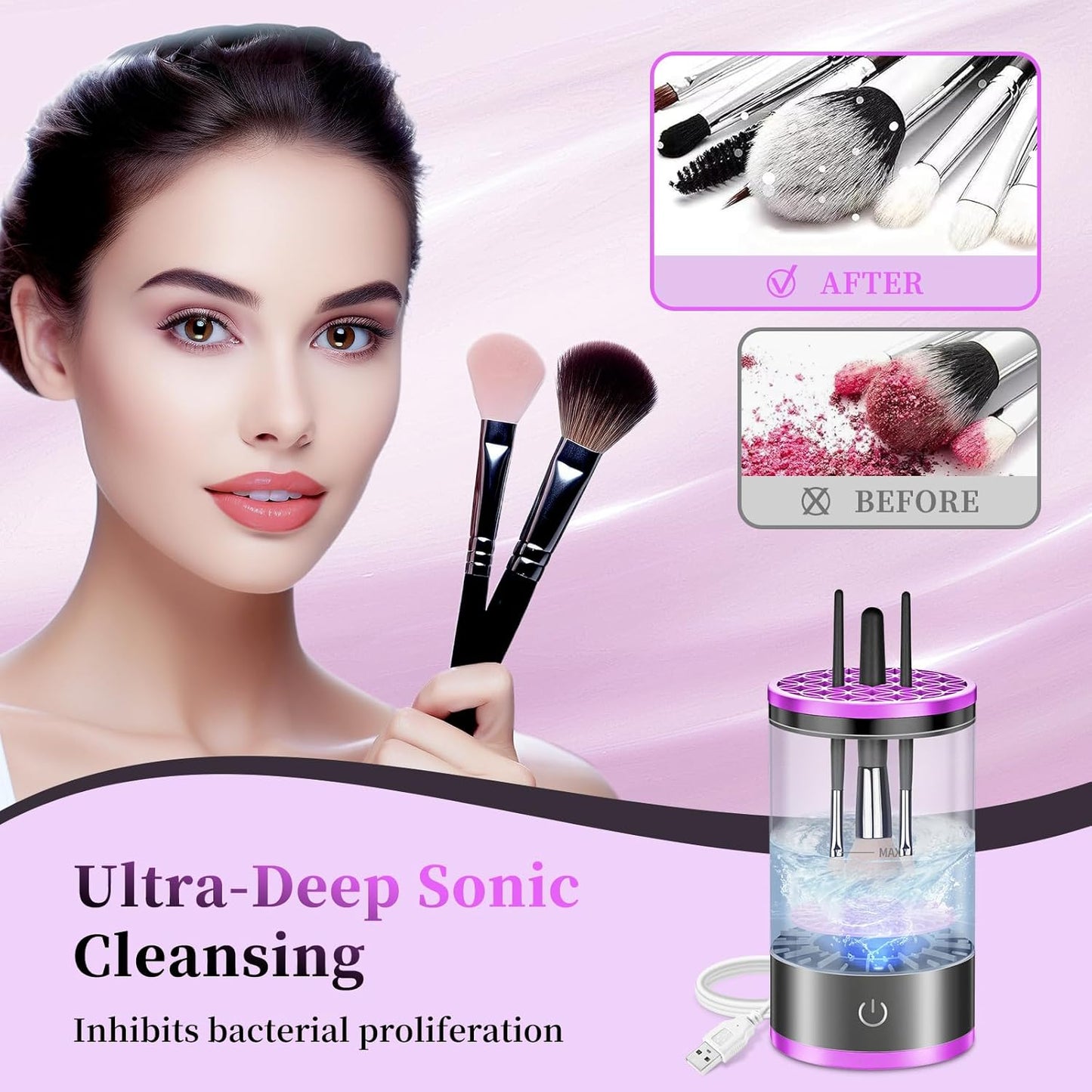 Electric Makeup Brush Cleaner, Quick Efficient Machine for Deep Cleaning All Types of Brushes, Portable Compact Design for Travel Home Use, for Makeup Lovers & Professionals - Purple