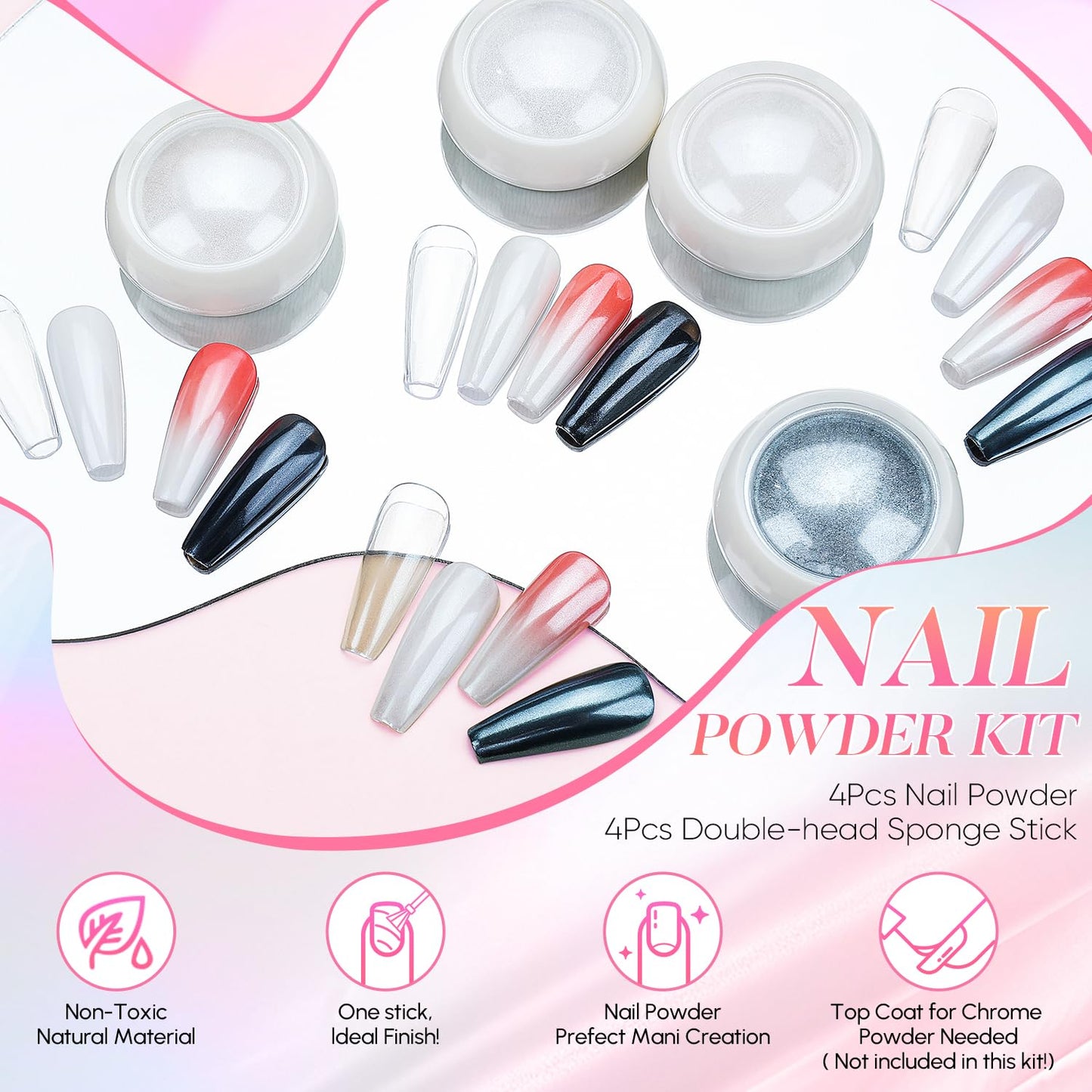 AIMEILI Pearl Chrome Nail Powder, Vegan, Cruelty Free, 4 Colors Aurora Metallic Holographic Mirror Effect Nail Art Pigment Iridescent Shell Glitter Nail Art