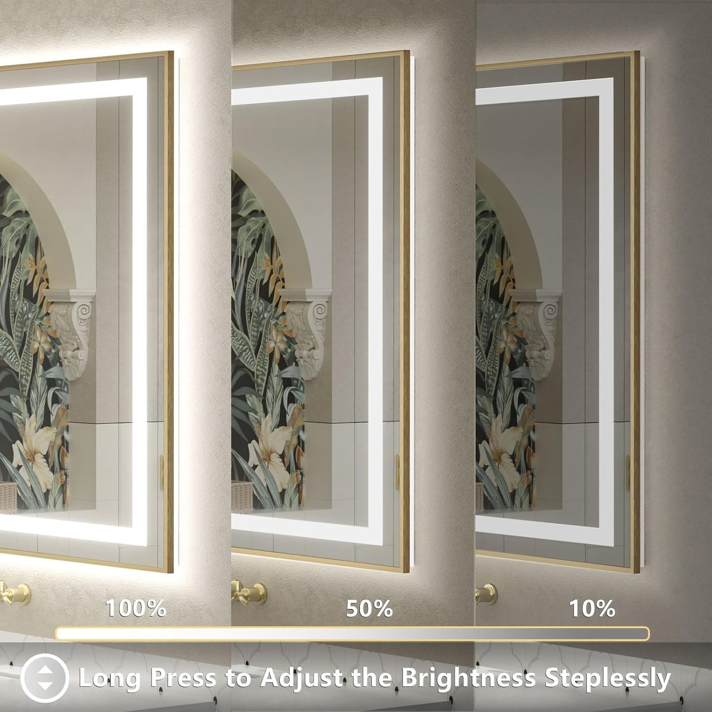 OKPAL 44x32 Gold Lighted Bathroom Mirror with Lights, Frontlit & Backlit LED Bathroom Mirror, Lighted Vanity Mirror, Anti-Fog, Dimmable 3 Colors, Shatterproof, Horizontal/Vertical