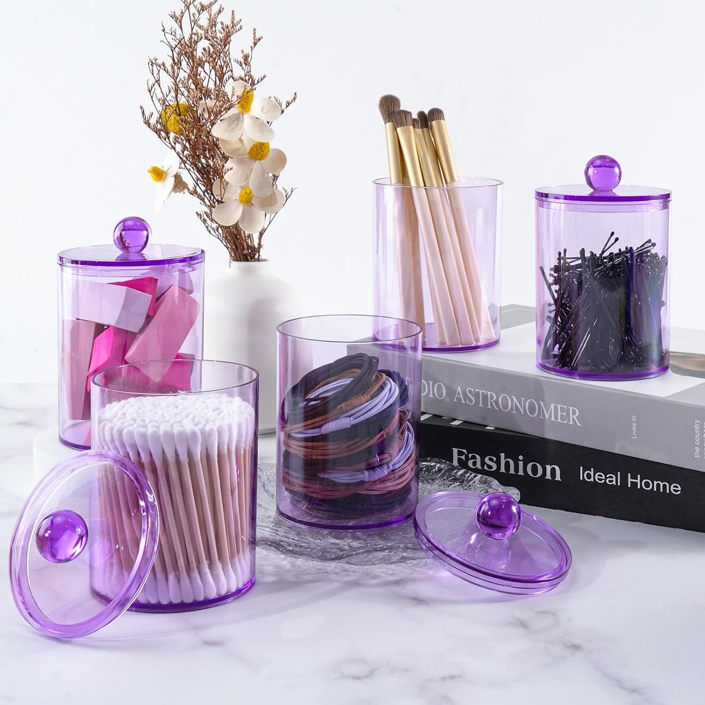 2 Pack Qtip Holder,Canister Apothecary Jar Set, Bathroom Jars with Lids Set for Cotton Swabs, Balls, Pads, Floss Picks,10oz-12oz Plastic Canisters Restroom Bedroom Vanity Organizer(Purple)