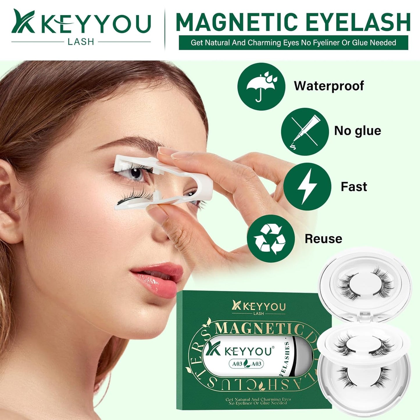 KEYYOU Reusable Magnetic Eyelashes 2 Pair with Applicator No Glue Needed 3D Natural Magnetic Lashes, Easy to Apply & Long Lasting for Daily Use & Events(A03+A03)