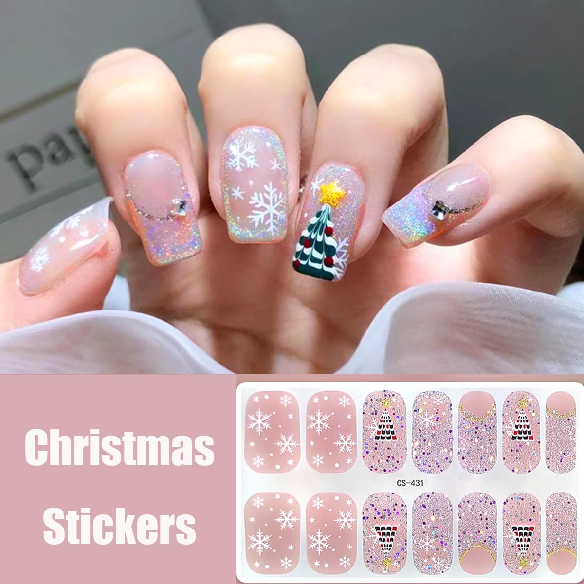 Glitter Christmas Gel Nail Polish Stickers Santa Claus Elk Nail Design Winter Gel Nail Stickers Christmas Trees Snowflake Full Wrap Gel Nail Strips French Christmas Stickers for Women Nail Supplies