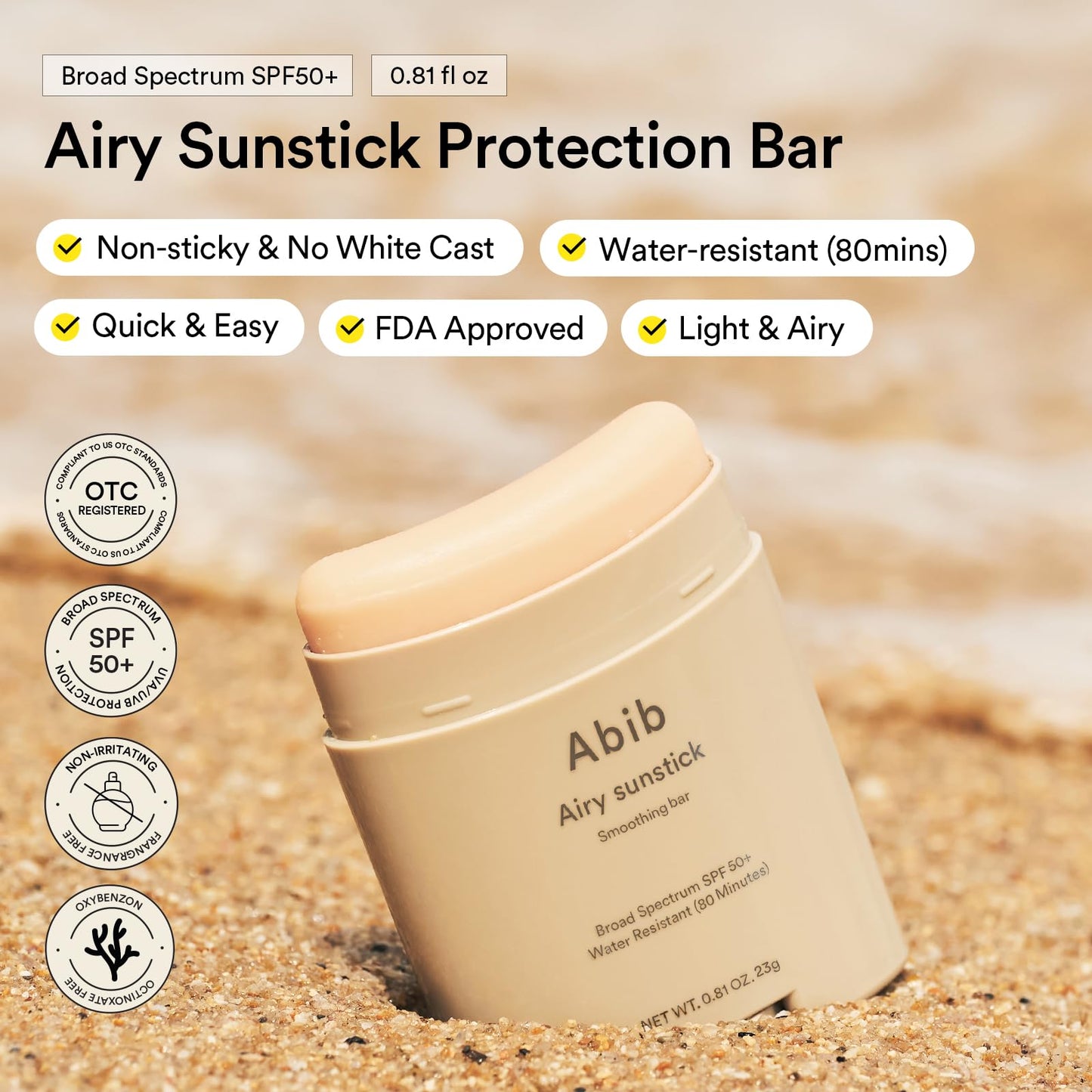 Abib Airy Sunstick Protection Bar DUO SPF50+ Broad Spectrum, Semi-Matte Sunscreen Stick for Oily &