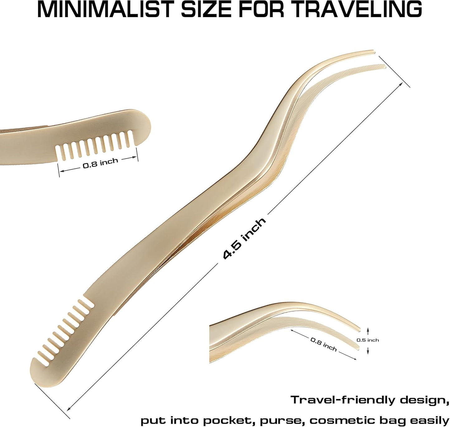 2 in 1 Lash Tweezer with Comb, Eyelash Extension, Stainless Steel Elbow Tweezers, Precise Eyebrow Tweezers Tool, Lashes Tweezer Applicator for DIY Applying False Eyelashes Clusters, Gold