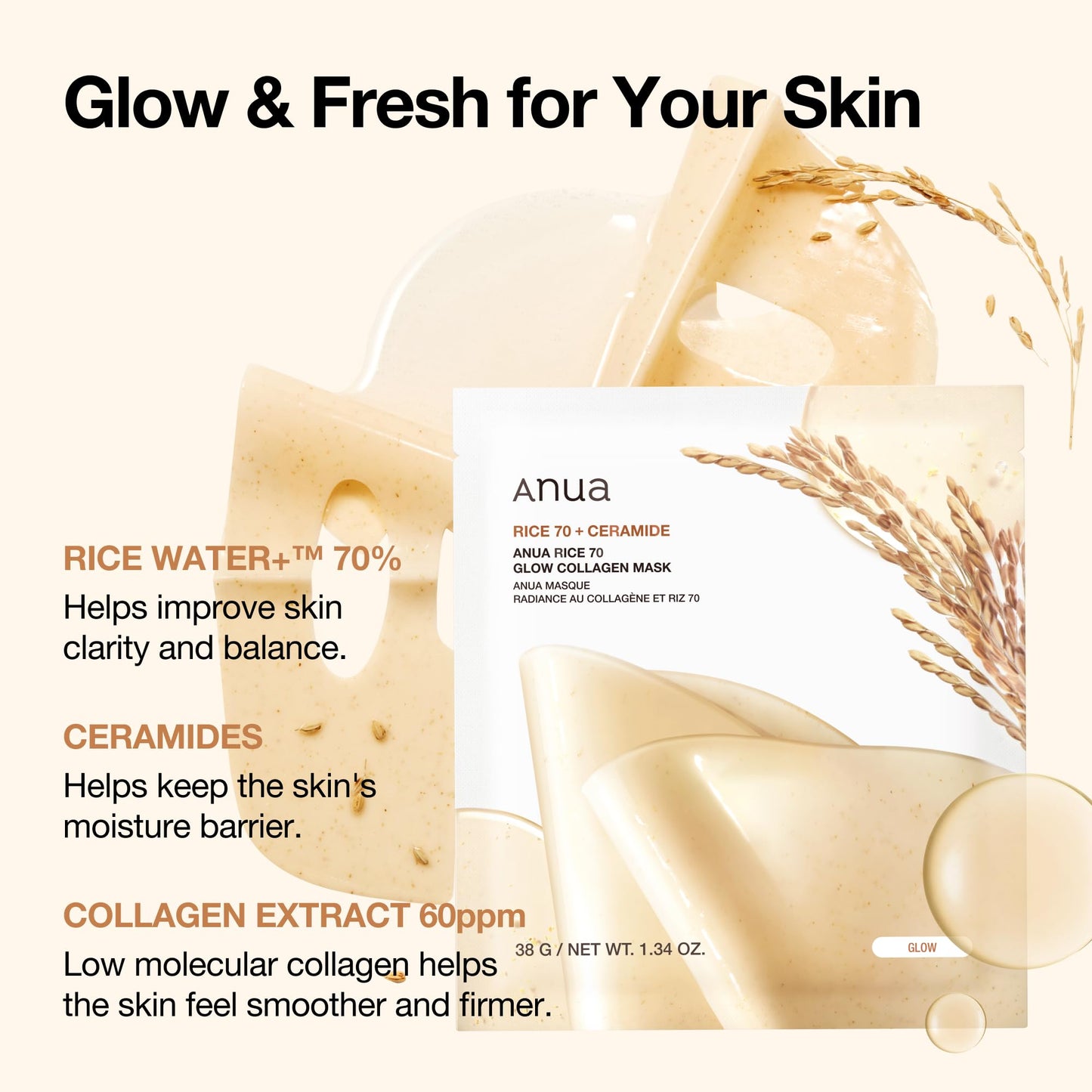 ANUA Rice 70 Glow Collagen Mask, 1.34 oz/4ea