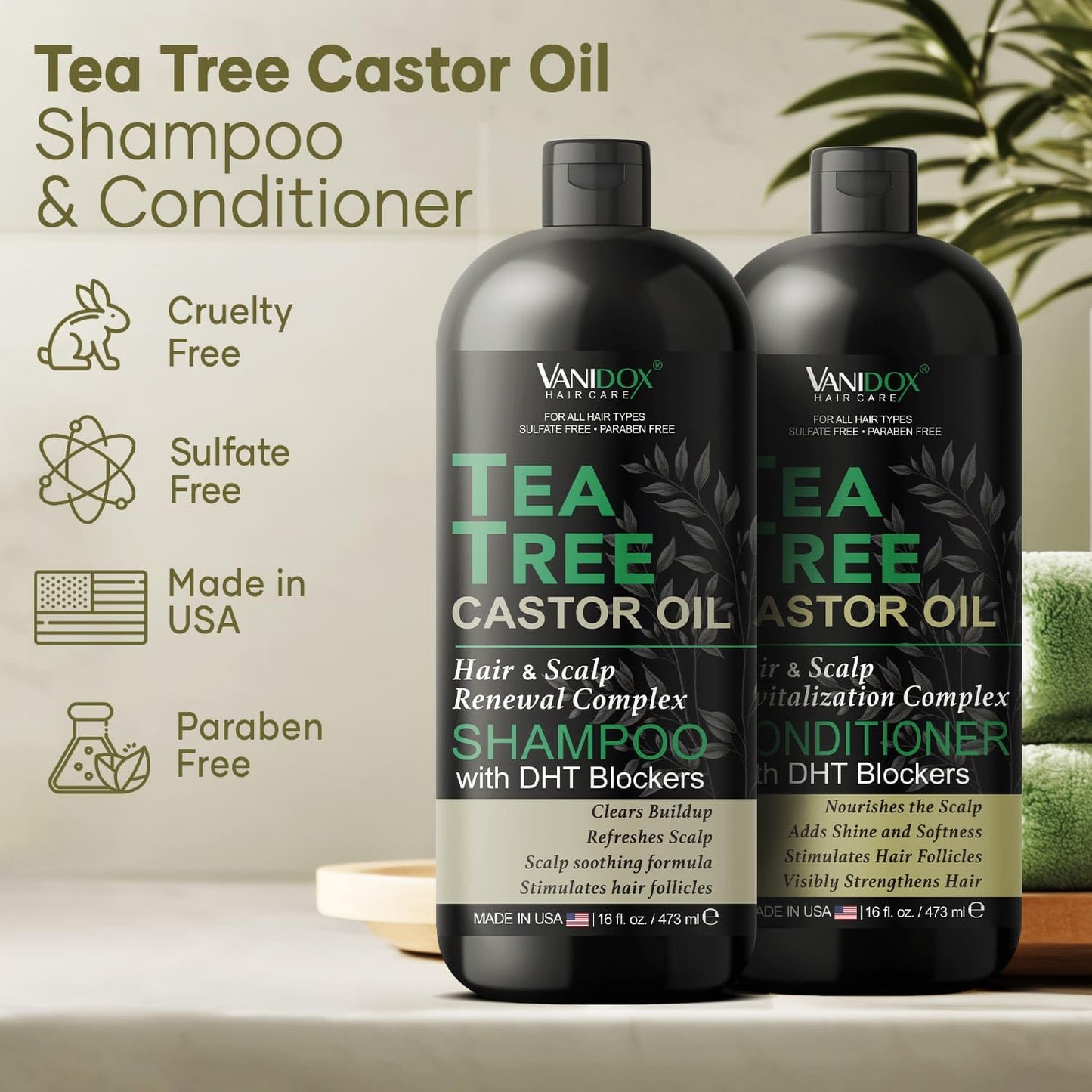 Tea Tree Oil Shampoo and Conditioner Set with Castor Oil, DHT Blockers, Itchy Scalp Relief, Supports Fuller Hair, Cleanses Dandruff & Buildup, For Men & Women, Made in USA, 16 fl oz Each