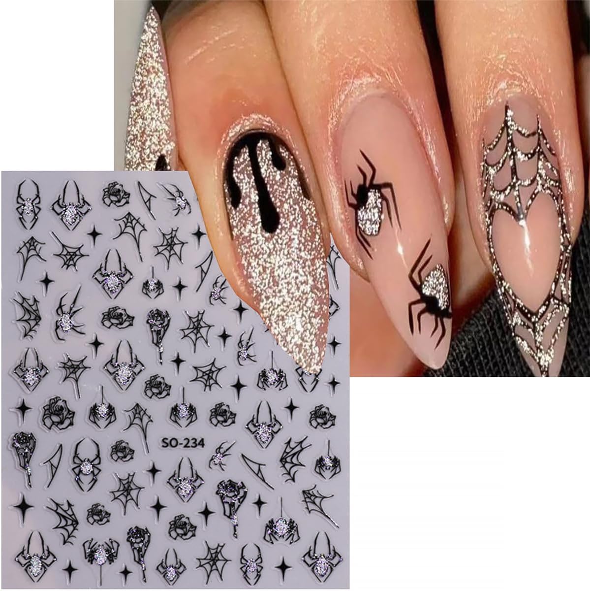 8 Sheets Strawberry Spider Halloween Nail Stickers - 3D Self-Adhesive Decals for Nail Art Design - Red, Black, Silver French Nail Art Supplies for Women