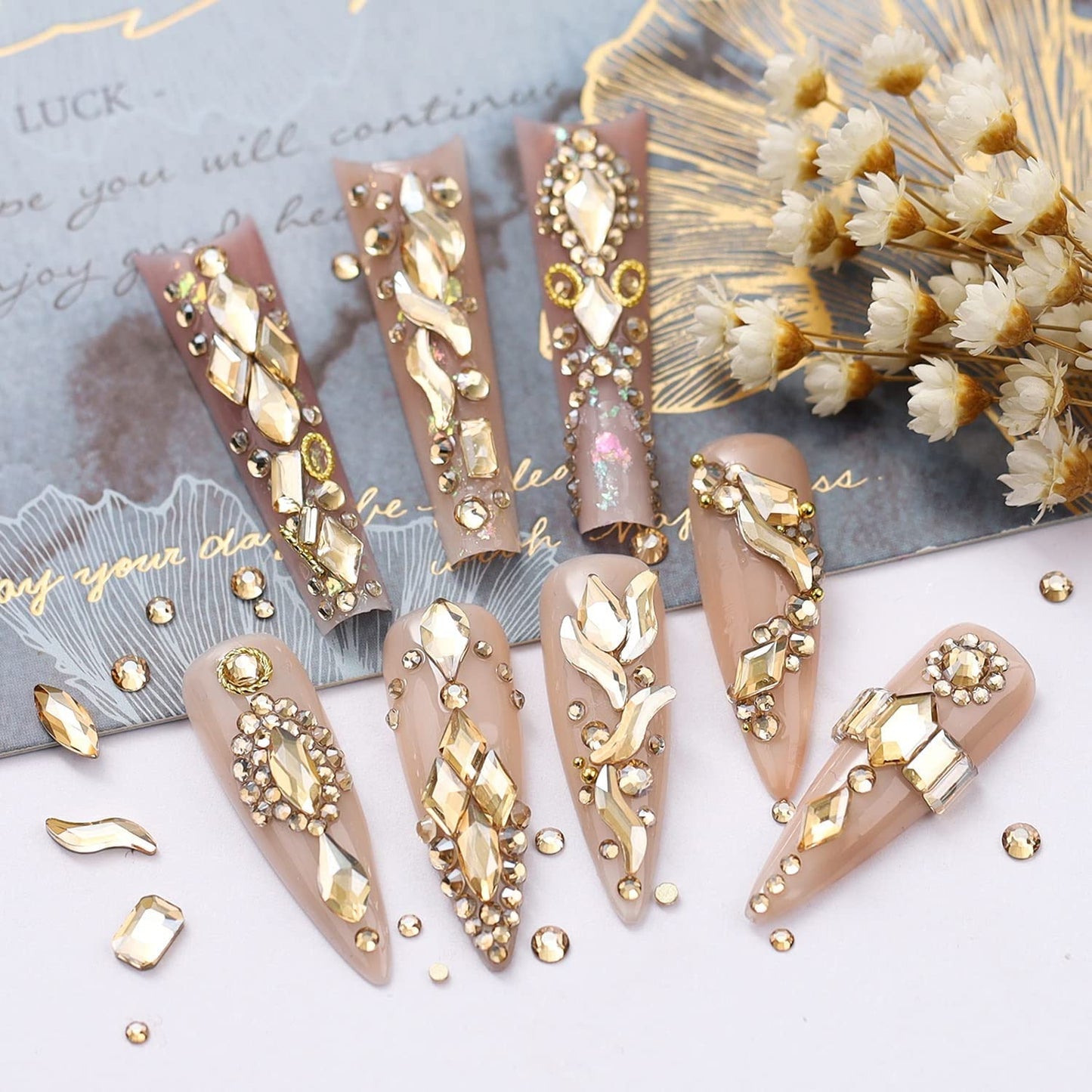 4080Pcs Champagne Golden Nail Rhinestones Flatback Gold Crystals Gems Round Beads K9 Glass Stones Diamonds Jewels Nail Art Supplies Nail Charms Supplies for Nails Faces Eyes Makeup Body Beauty