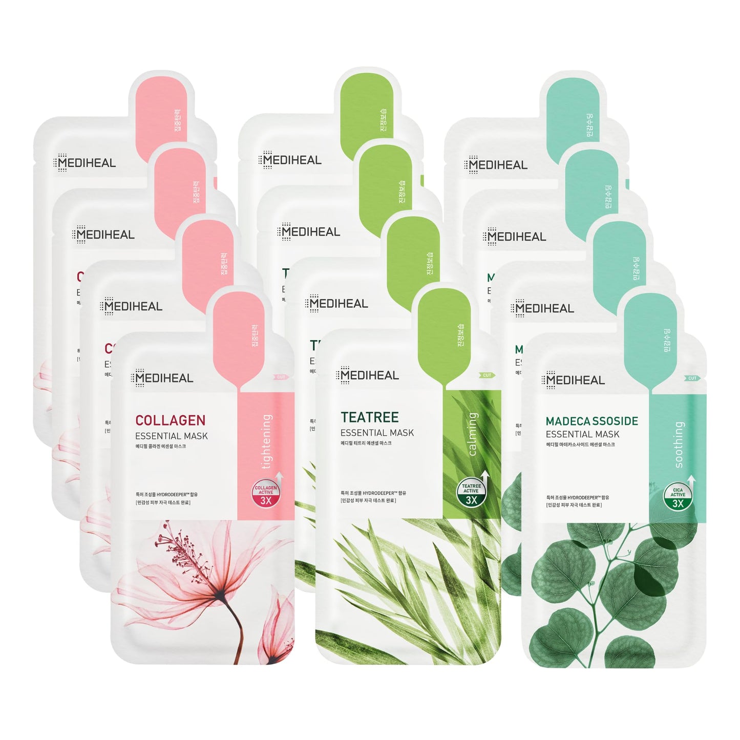 Mediheal Sheet Mask Essential HERO 12 Pack (Collagen, Tea Tree, Madecassoside) | Korean Skincare