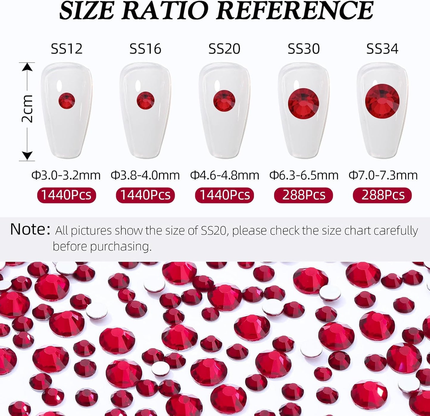 Siam Flatback Rhinestones, Glass Rhinestones for Nail Art and Craft, Glue Fix, Loose Crystal Gemstones(Siam, SS20, 1440pcs, 4.6-4.8mm)