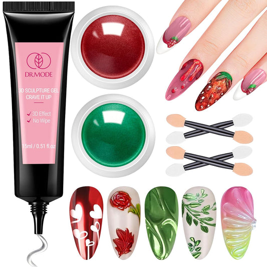 DRMODE 3D Nail Gel and Chrome Nail Powder Kit, Christmas Red Green Metallic Mirror Nail Chrome