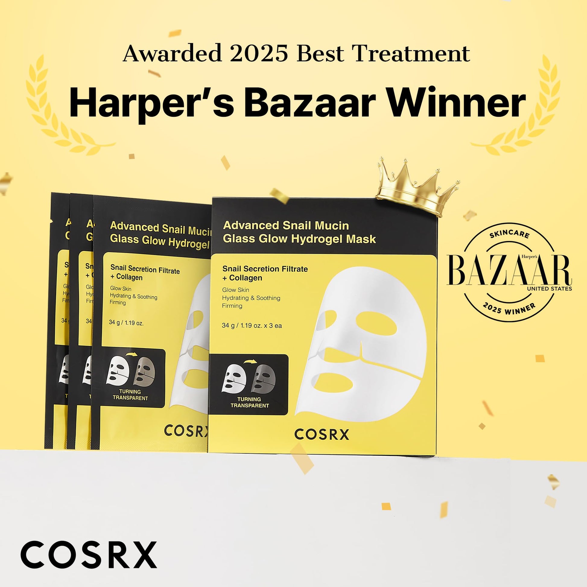 COSRX Advanced Snail Mucin Glass Glow Hydrogel Face Masks Skincare 3 EA