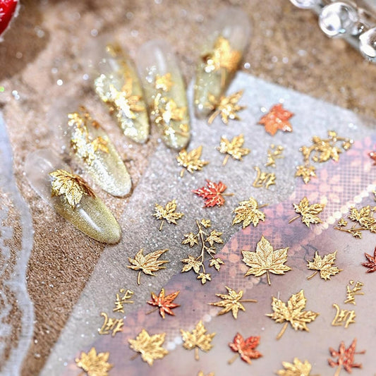 Fall Nail Art Stickers Autumn 5D Maple Leaf Nail Decals Thanksgiving Day Nail Decorations Supplies