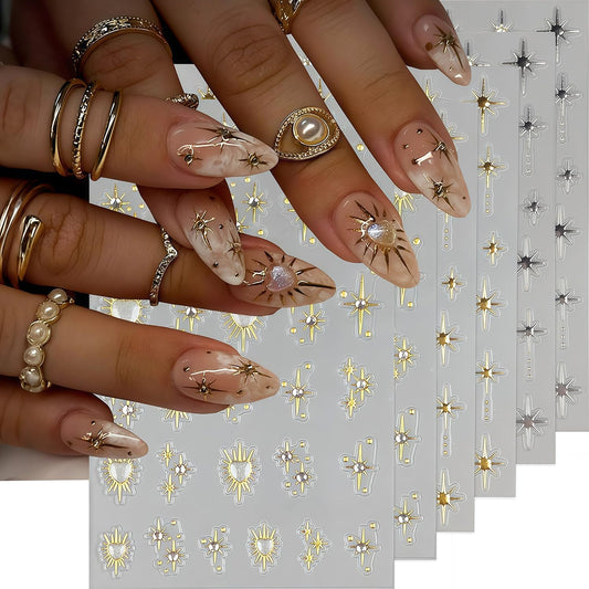 6 Sheets Star Nail Stickers for Nail Art, Shiny Crystal Diamond Stars Heart Silver Gold