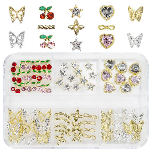 56 Pcs Cute Charms for Nails Cherry Butterfly Heart Star Kawaii Crystals Pink Red Rhinestones Gems