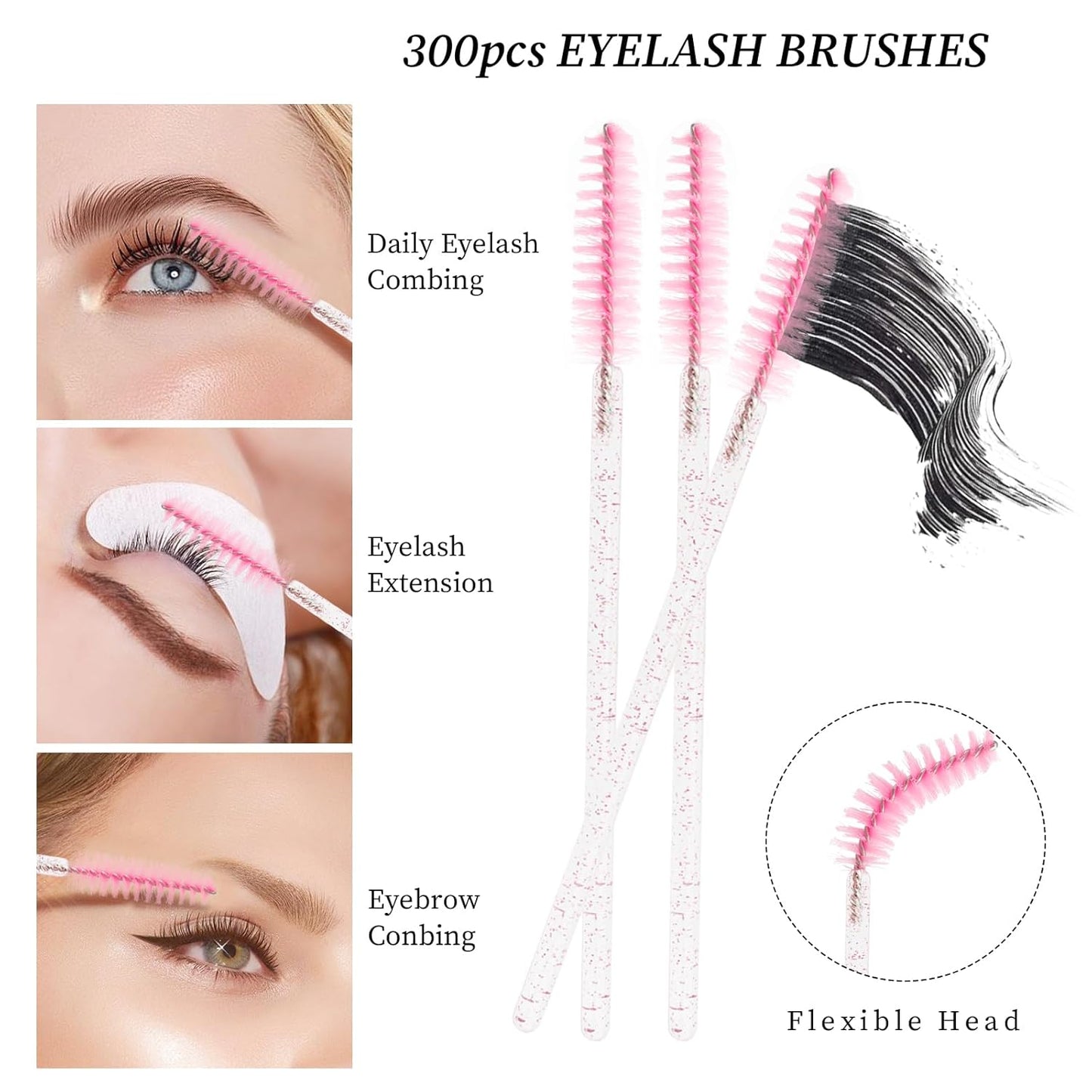 300PCS Disposable Mascara Wands Spoolie Brush Crystal Eyebrow Brushes Eyelash Extension Applicator Makeup Kits(Light Pink)