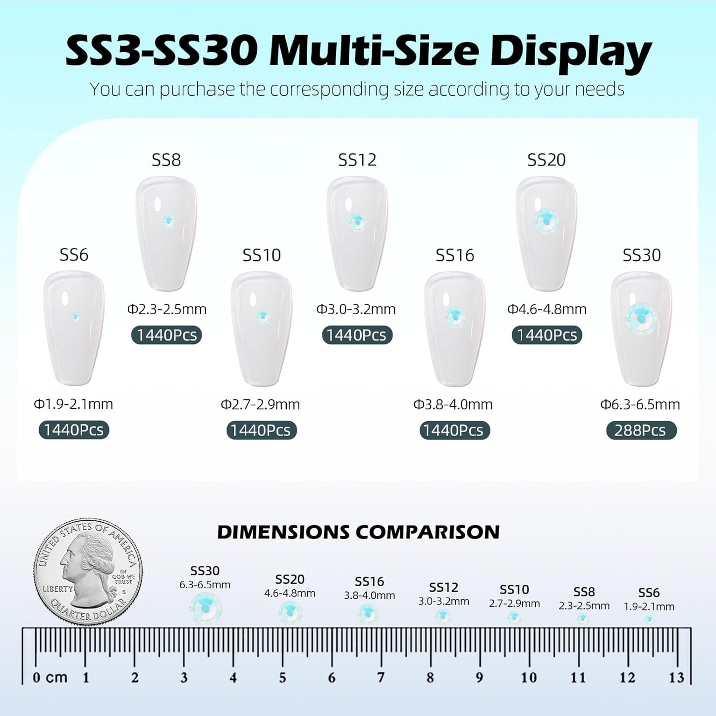 F White Flatback Rhinestones, Glass Rhinestones for Nail Art and Craft, Glue Fix, Loose Crystal Gemstones(F White, SS10, 1440pcs, 2.7-2.8mm)