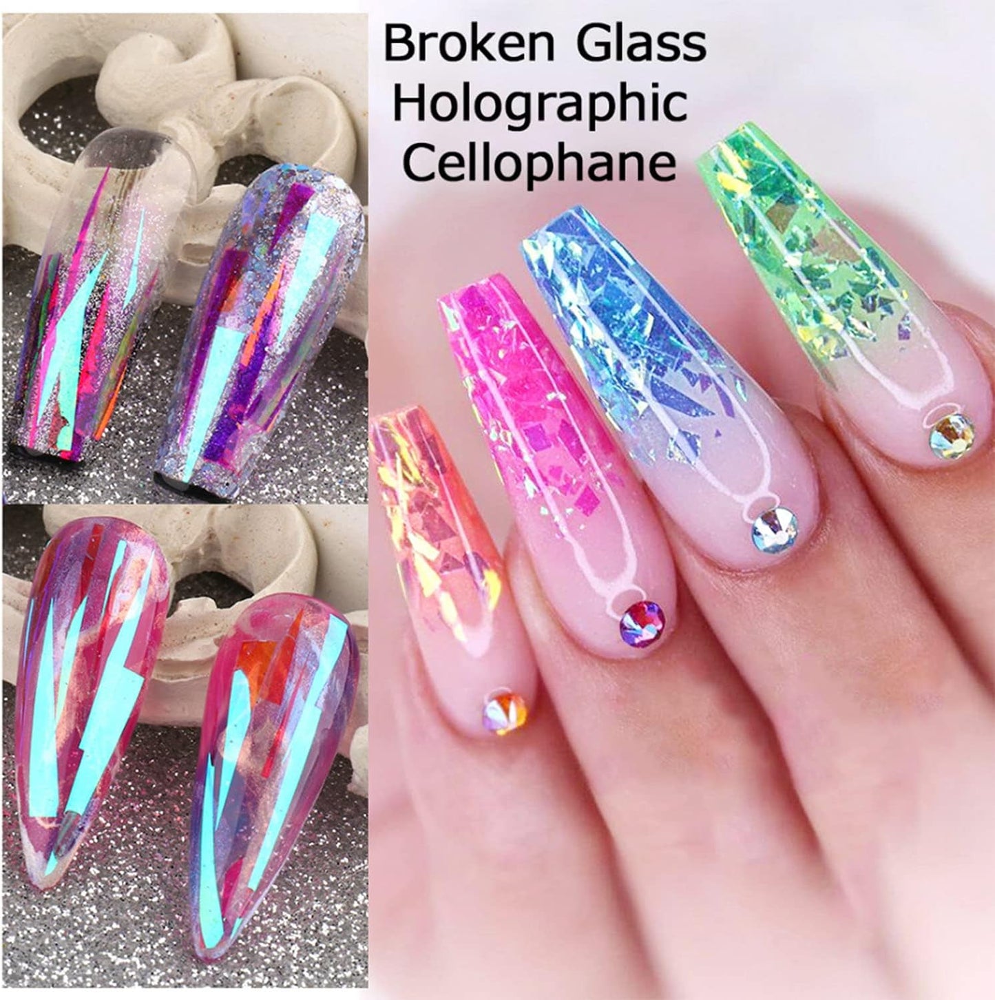 8 Sheets Gradient Glass Paper Nail Art Sticker，Colorful Laser Aurora Cellophane 3D Broken Glass Pieces Mirror Foils Nail Art Decoration for Women Acrylic DIY Nail Art Stickers