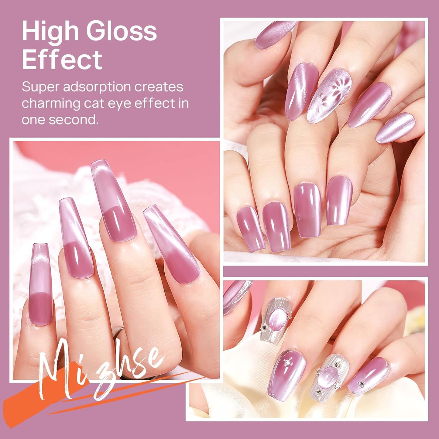 MIZHSE Quick Dry Cat Eye Nail Polish, Pink-Purple Magnetic Nail Polish with Magnet, Air Drying Fast 15ml Cateye Nail Lacquer for Women Girls Non-Gel Nail Art Manicure DIY Home