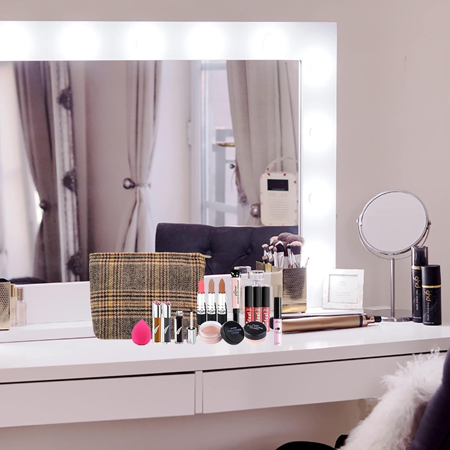 Makeup Bags for Purse Zipper Cosmetic Pouch Large Travel Canvas Make Up Organizer Tool Pouch for Women and Girls,Plaid Brown