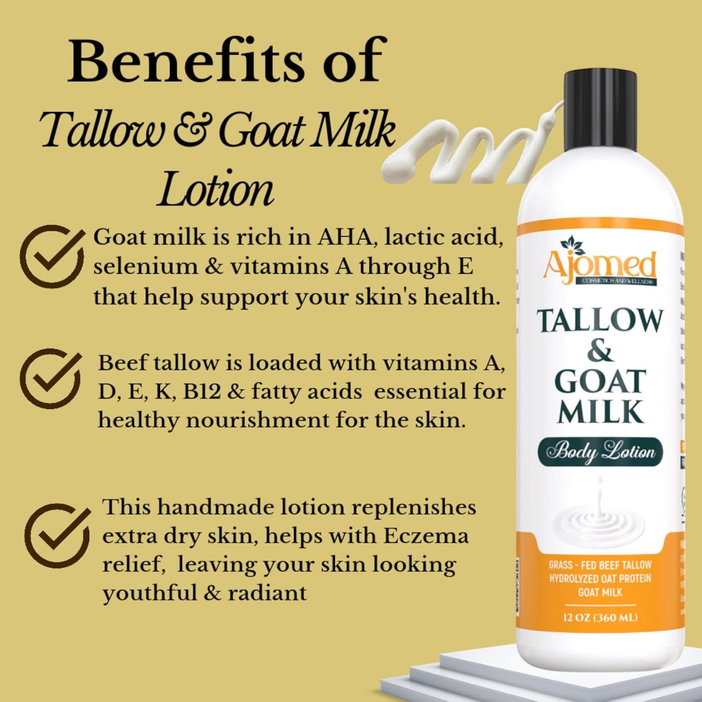 Grass Fed Beef Tallow & Goat Milk Body Lotion for Sensitive Skin, Organic Tallow moisturizer- Soothes Dry Patches, Goat Milk Moisturizer - Handmade Tallow Body Lotion (Oatmeal & Honey, 12 Oz)