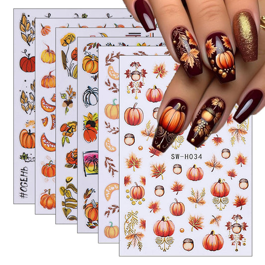 6 Sheets Fall Nail Art Stickers 3D Self-Adhesive Maple Leaf Nail Stickers with Ear of Wheat &