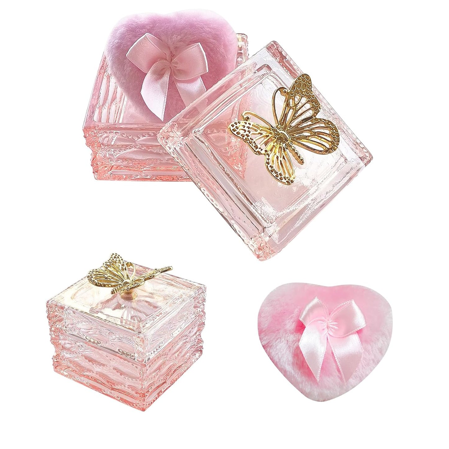 Body Powder Puff and Container - Glass Dusting Powder Container with Soft Puffs Vintage Powder Puff Case for Women & Girls (3.23x3.23x2.95 H IN) - GRB016-Pink