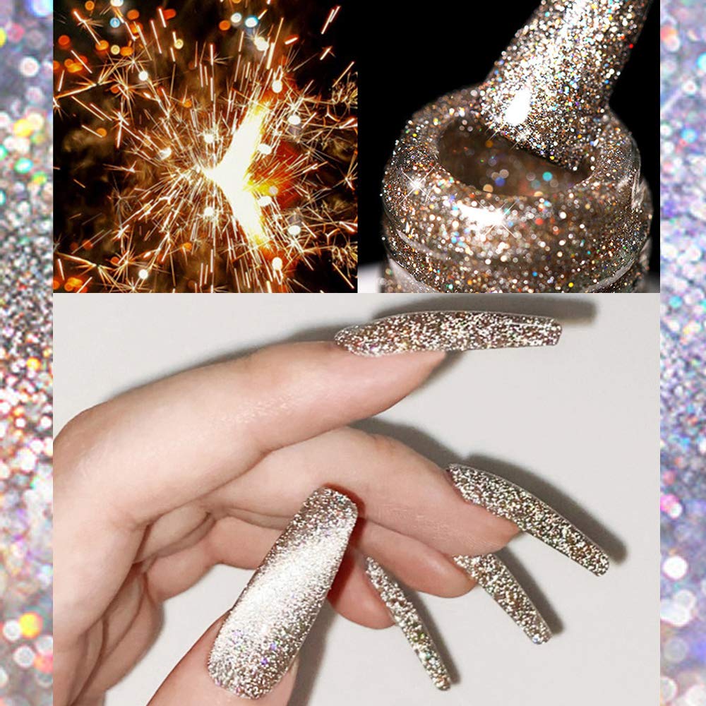 MIZHSE Reflective Gel Nail Polish, Glitter Gold Gel Polish, Sparkly Shiny Nail Effect Soak Off Nail Art Varnish for Beginners DIY at Home