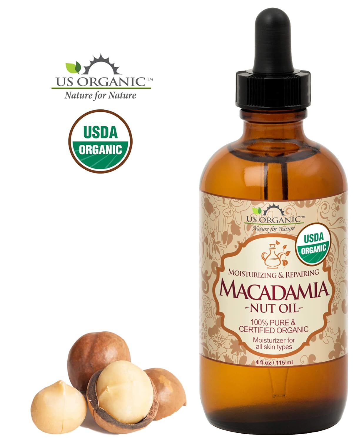 US Organic Macadamia Nut Oil Unrefined Virgin, Certified Organic, Pure & Natural, Cold Pressed, Sourced in Kenya, in Amber Glass Bottle w/Glass Eye dropper for Easy Application (4 oz (Large))