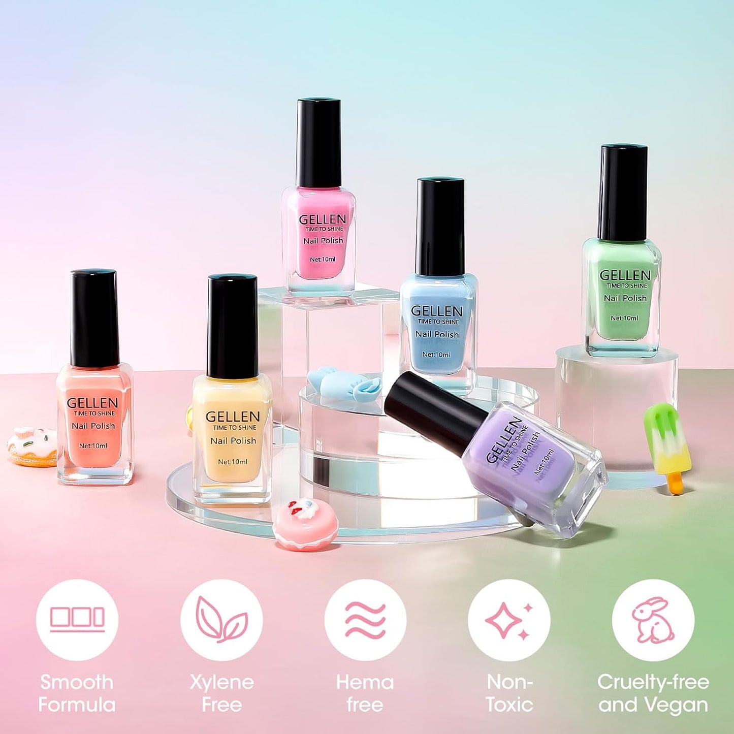 GELLEN Clear Pastel Jelly Nail Polish, Sheer Natural Regular Nail Polish Quick Dry Spring Summer 6-Color Set for Acrylic Natural Nails Home Salon, No UV Gel, Chip Resistant, Hema Free, Non Toxic