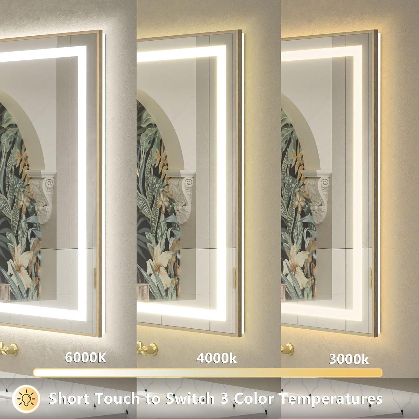 OKPAL 48x40 Gold LED Mirror for Bathroom with Frontlit & Backlit, Metal Framed Lighted Bathroom Mirror with Lights, Anti-Fog, Dimmable 3 Colors, Shatterproof, Horizontal/Vertical