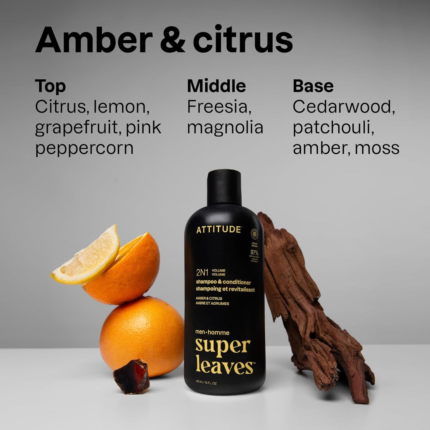 ATTITUDE Men's Shampoo and Conditioner 2-in-1, Volumizing for Thin Hair, With Rosemary and Rice Protein, 97% Natural Origin Ingredients, EWG Verified, Amber & Citrus, 14 Fl Oz (Pack of 3)