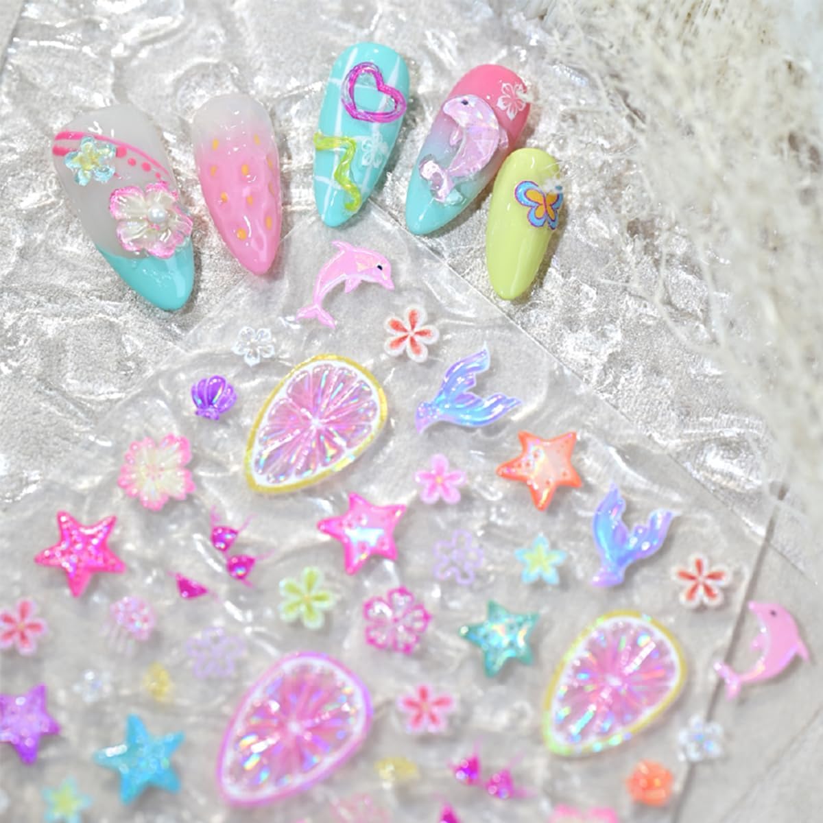 Summer Nail Stickers Ocean Shell Jellyfish Mermaid Nail Art Stickers 5D Embossed Nails Design Flowers Fruit Grapefruit Starfish Nail Decal for Women DIY Nail Decorations 1Sheets