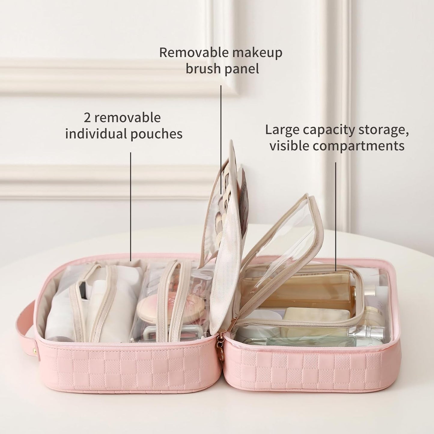 RIGHT AWAY Travel Toiletry Bag for Women, Waterproof Makeup Bag&Case, Portable Cosmetic Organizer Checkered Make up Bag for Full Sized Toiletries，Cosmetics and Travel-Size Accessories,Pink Checkered