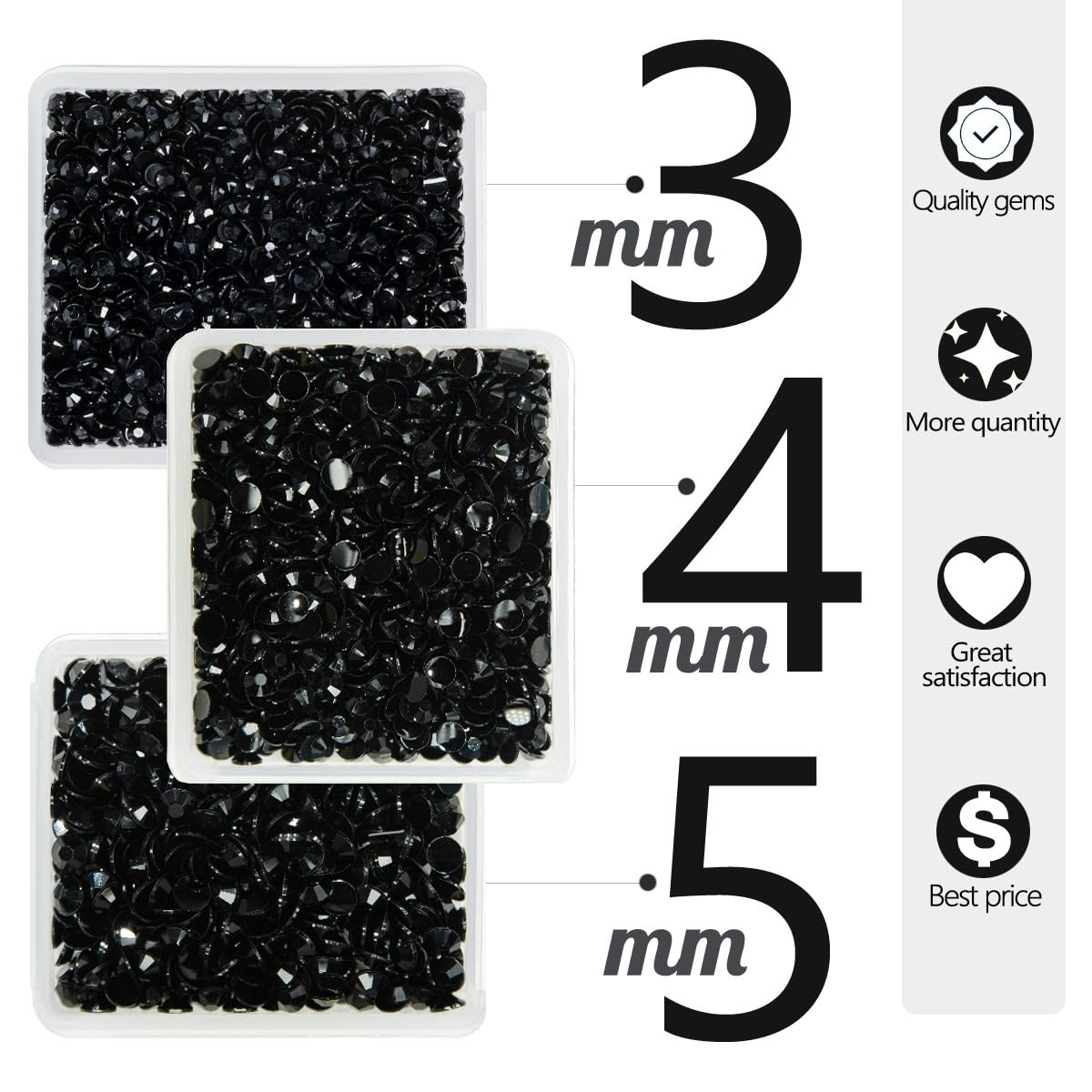 Pure Black Resin Rhinestones for Crafting 3mm 4mm 5mm Flatback Jelly Stones Bulk SS10 SS16 SS20 Non-Hotfix Diamonds Gems for Nails Face Eyes Makeup Body Mugs Tumblers DIY Crafts Clothes Shoes