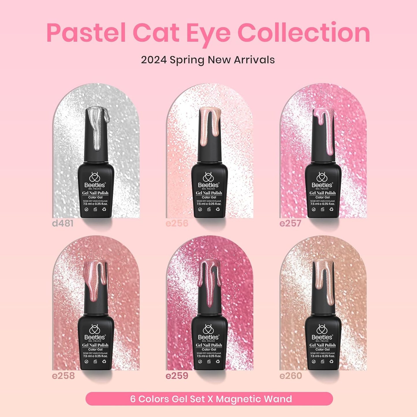 Beetles Pink Cat Eye Gel Nail Polish Set - 6 Colors Nude Pink Silver Cat Eye Glitter Gel Polish Kit with Magnet Soak Off UV Fall Winter Velvet Gel French Nail Art Design Manicure Gift for Women
