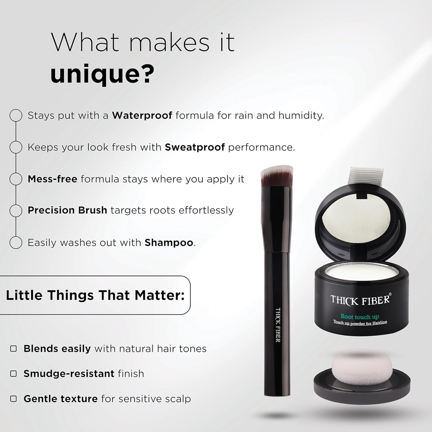 THICK FIBER Root Touch Up and Hair Loss Concealer Set - Water & Sweat Resistant Hairline Powder for Thinning Hair, Women - Includes Brush (White)