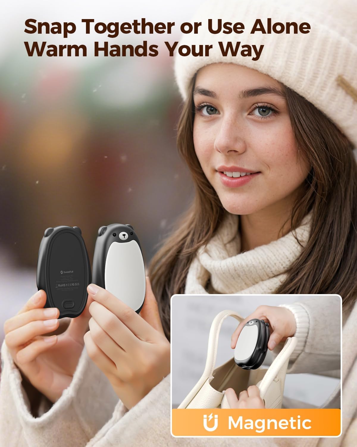 SWEETFULL Hand Warmers Rechargeable – Cute Bear, 2 Pack Magnetic Hot Hands, Reusable Electric Pocket Heater, Great Gift for Daughter, Kids, Wife, or Bestie, Portable for Outdoor & Camping