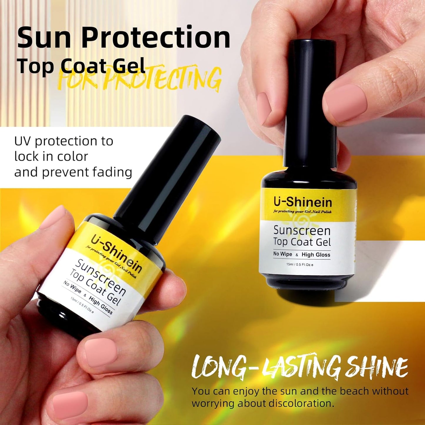 Shine UV Top Coat, 2 in 1 No Wipe Sunscreen Top Coat Gel, Glassy Clear Gel Keeps Nails From Yellowing or Staining, Requires UV Lamp